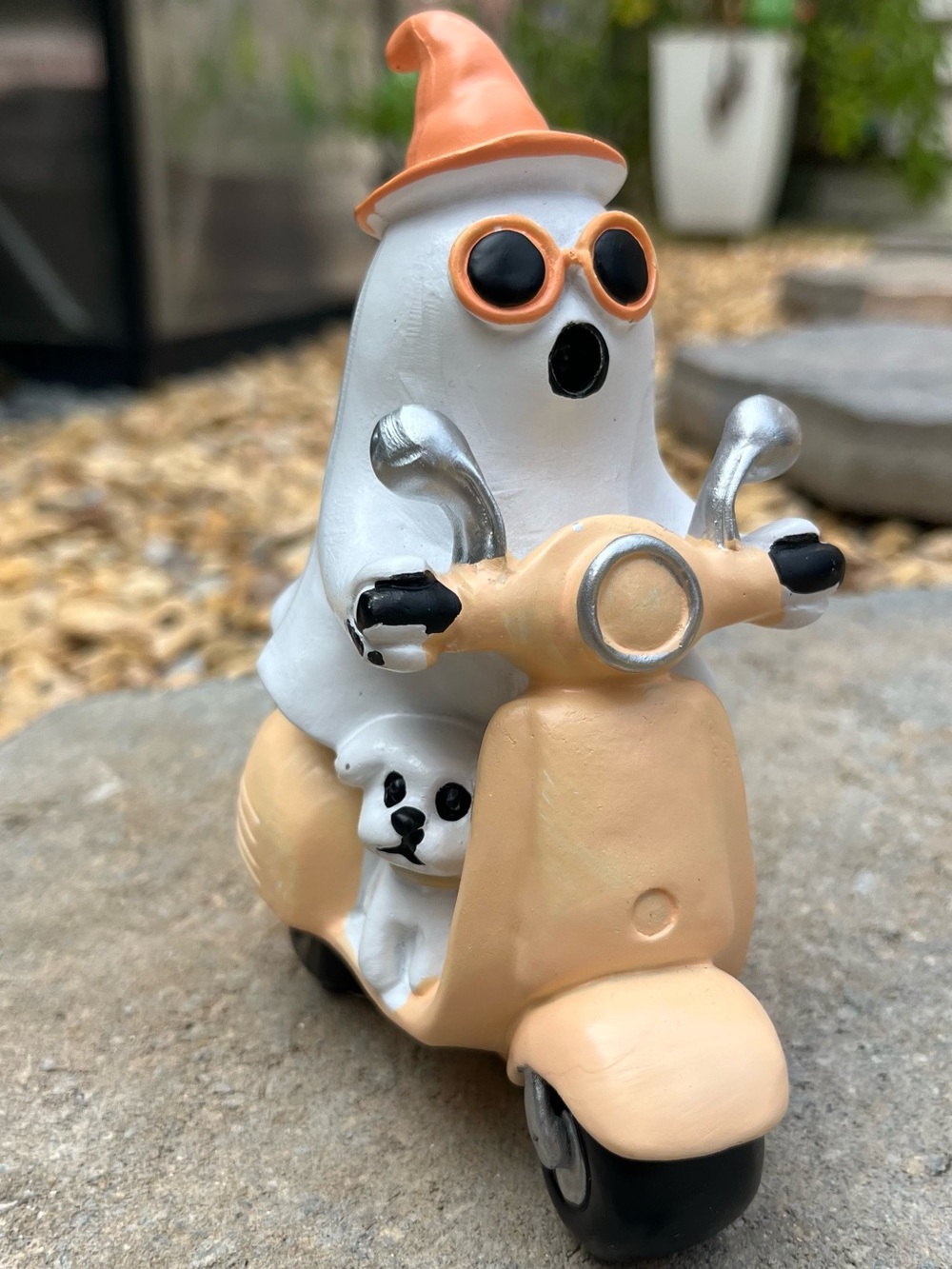 Peach Scooter Ghost Figurine with Puppy